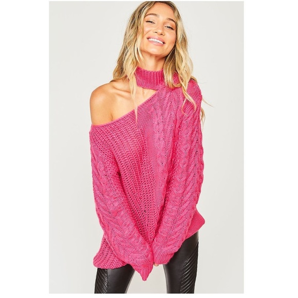 NEW Open Shoulder Choker Neck Chunky Cable Sweater - Picture 3 of 6